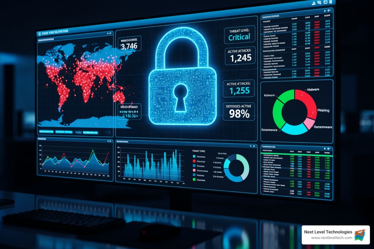 A cybersecurity dashboard displaying real-time threat intelligence and network activity, with a padlock icon symbolizing security - managed technology services A cybersecurity dashboard displaying real-time threat intelligence and network activity, with a padlock icon symbolizing security - managed technology services