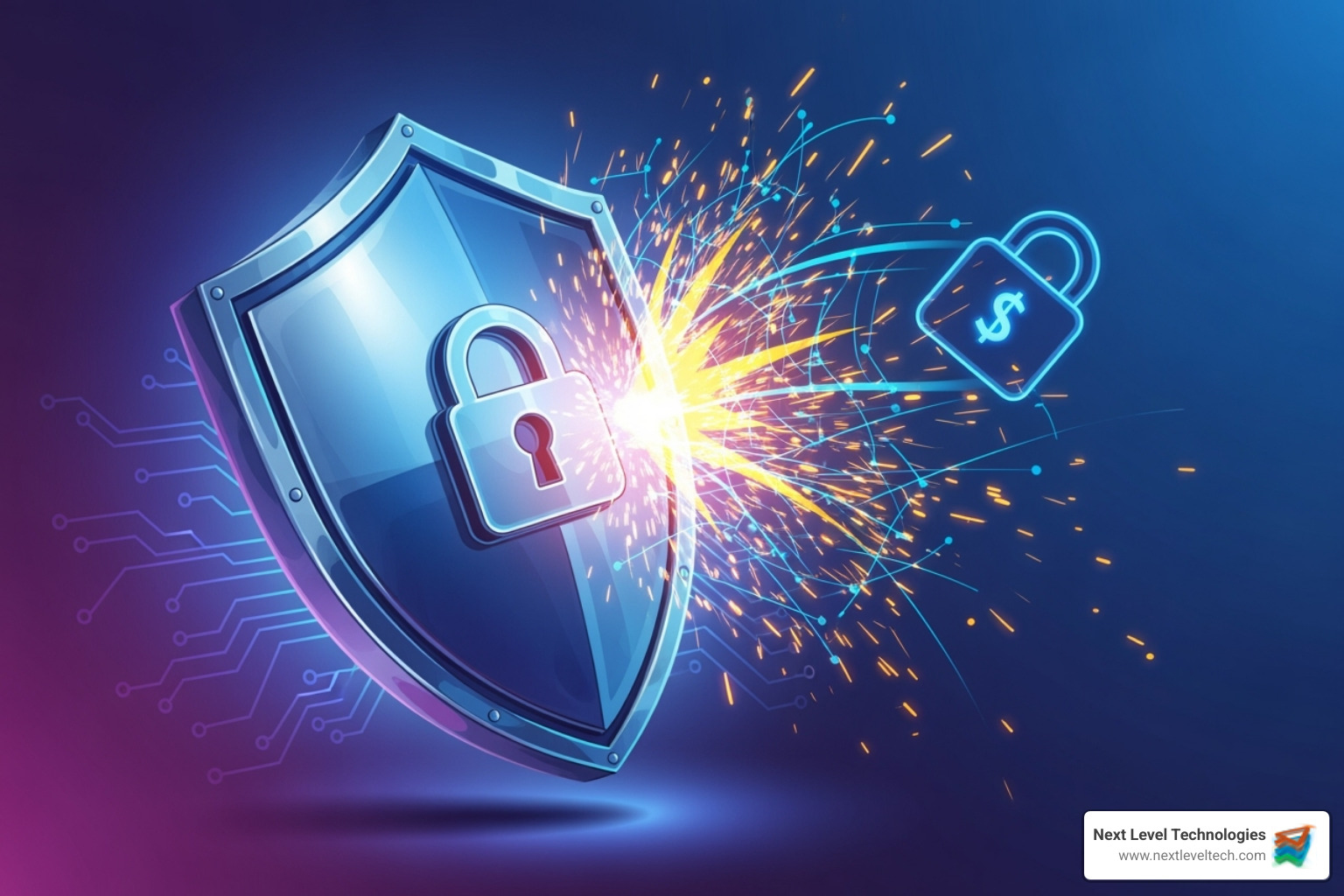 Image of a shield deflecting a ransomware icon - Backup and Recovery Solutions