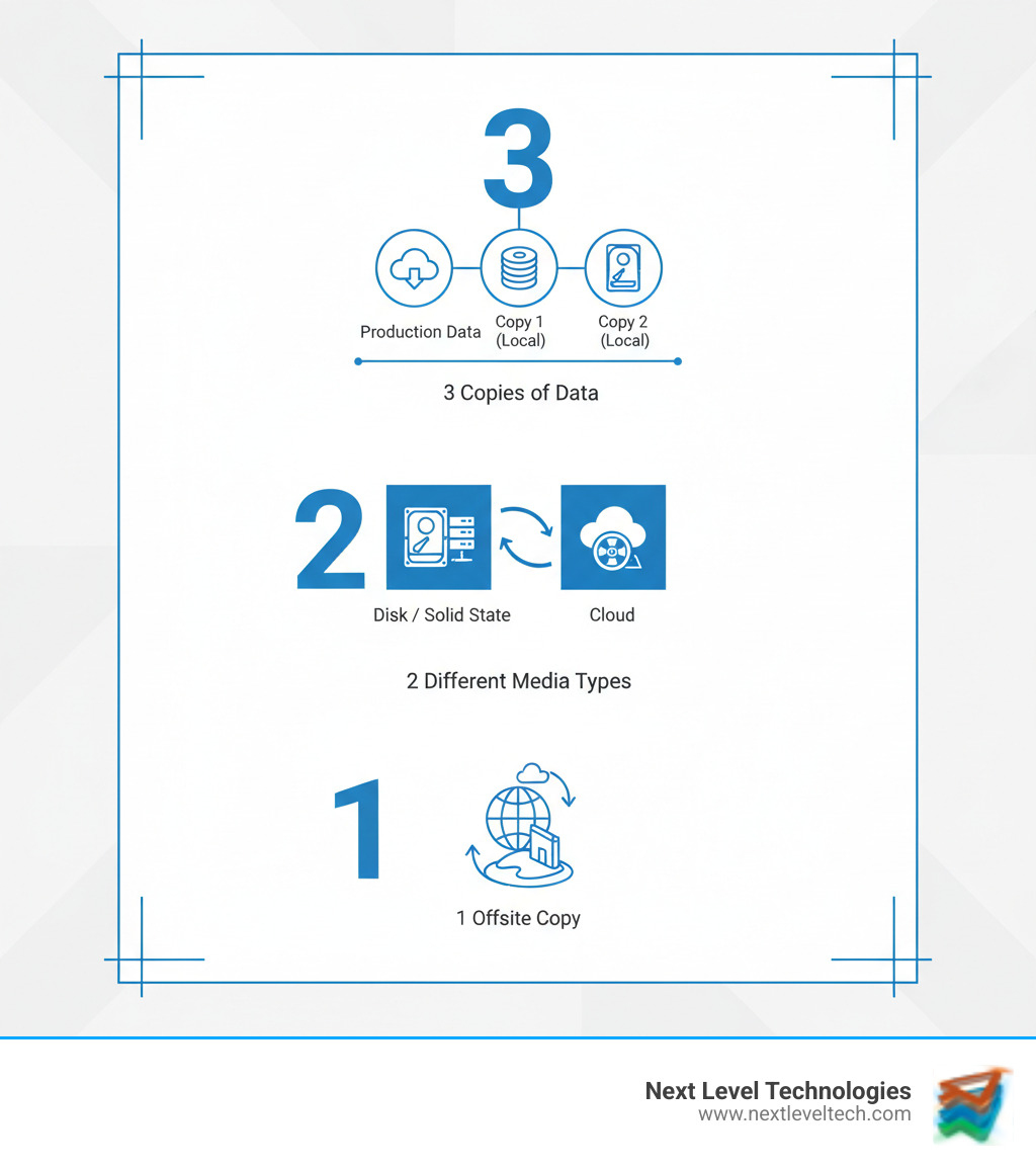Infographic showing the 3-2-1 backup rule with three copies of data, stored on two different media types, with one copy stored offsite for maximum protection - Backup and Recovery Solutions infographic 
