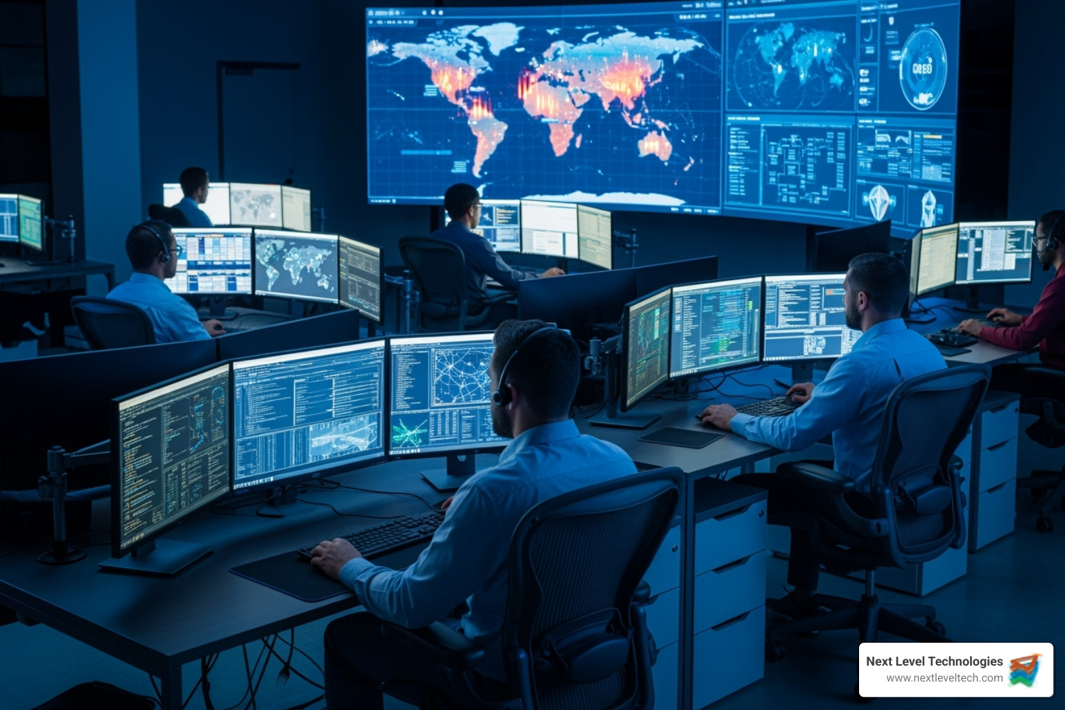security operations center (SOC) with analysts monitoring screens - IT support for hedge funds