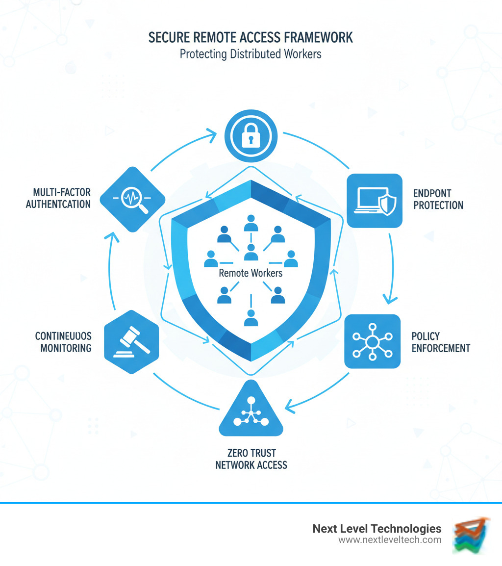 Comprehensive infographic showing the components of secure remote access including endpoint protection, multi-factor authentication, zero trust network access, continuous monitoring, and policy enforcement, with arrows indicating how these elements work together to create a secure perimeter around distributed remote workers - secure remote access infographic 