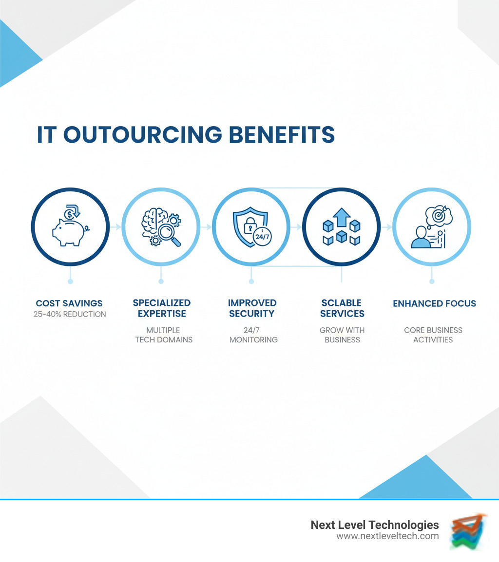 Comprehensive breakdown of IT outsourcing benefits including cost savings (typically 25-40% reduction), access to specialized expertise across multiple technology domains, improved security posture with 24/7 monitoring, scalable services that grow with business needs, and improved focus on core business activities - it services outsourcing companies infographic 