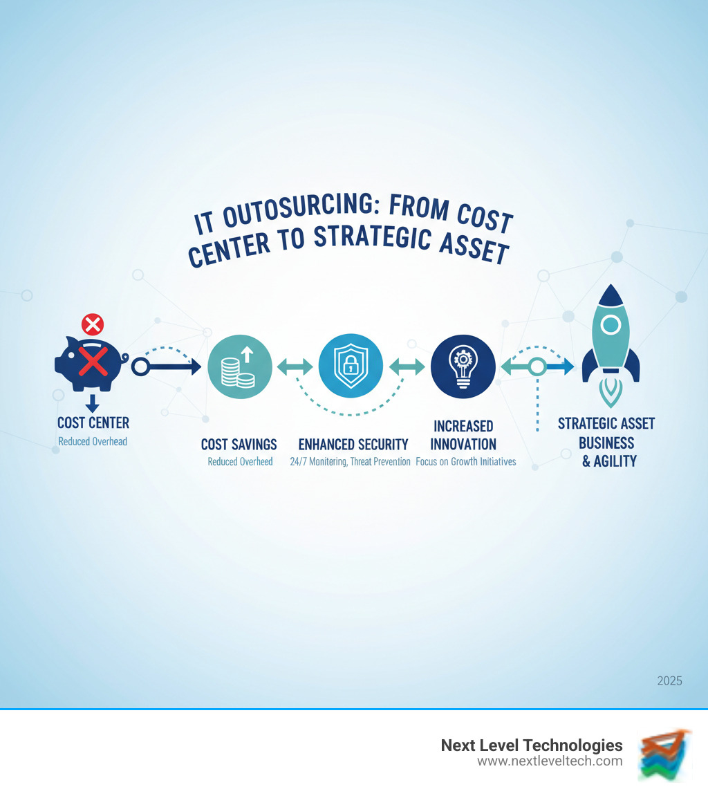 infographic showing the journey of a business changing its IT from a cost center to a strategic asset through outsourcing, highlighting milestones like cost savings, improved security, and increased innovation - it services outsourcing companies infographic 