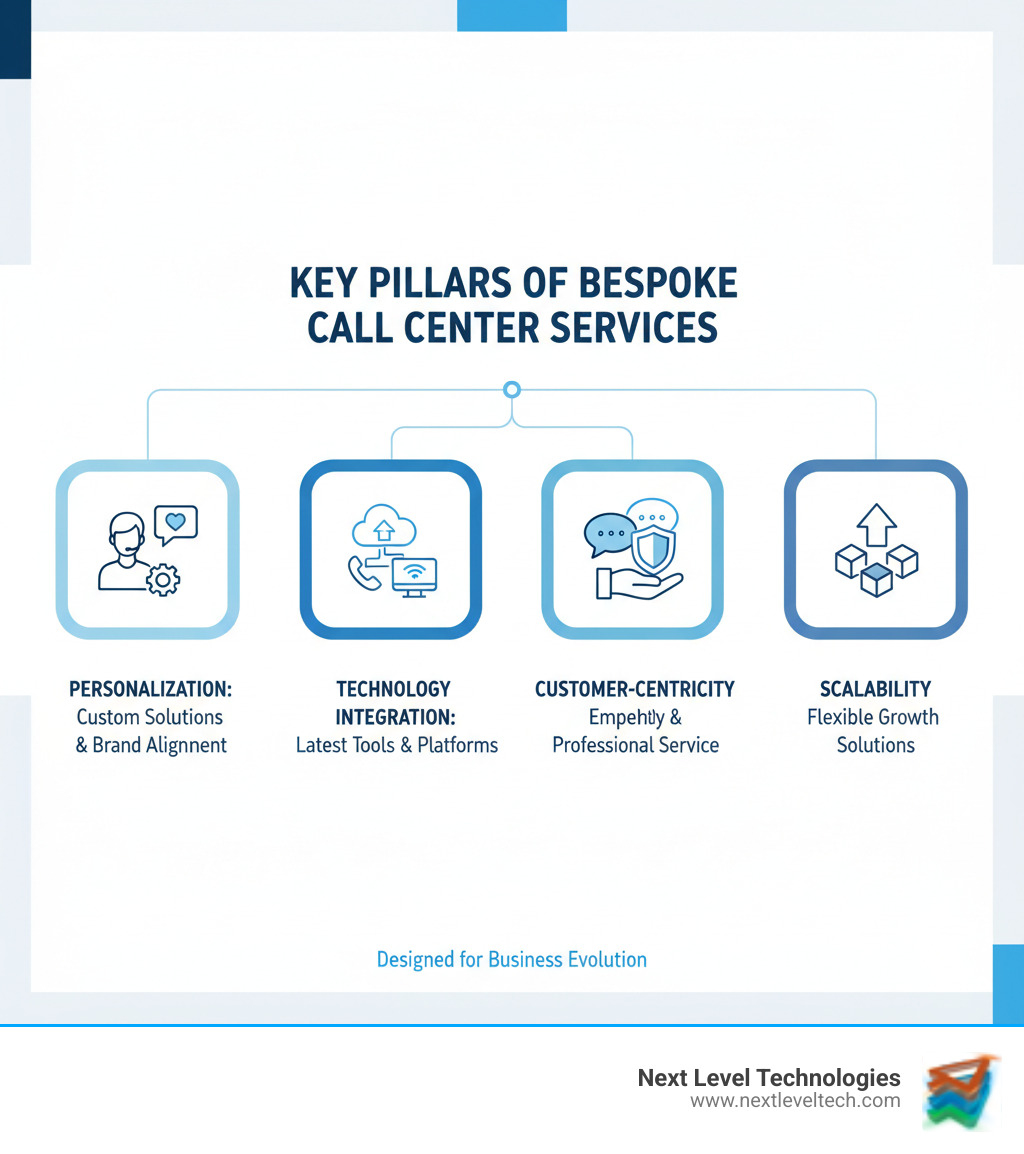 Infographic showing the four key pillars of effective bespoke call center services: Personalization through custom-crafted solutions aligned with brand values, Technology integration with latest communication tools and platforms, Customer-Centricity with empathy-driven interactions and professional service delivery, and Scalability featuring flexible solutions that grow with business needs - chats cloud cover infographic  Infographic showing the four key pillars of effective bespoke call center services: Personalization through custom-crafted solutions aligned with brand values, Technology integration with latest communication tools and platforms, Customer-Centricity with empathy-driven interactions and professional service delivery, and Scalability featuring flexible solutions that grow with business needs - chats cloud cover infographic
