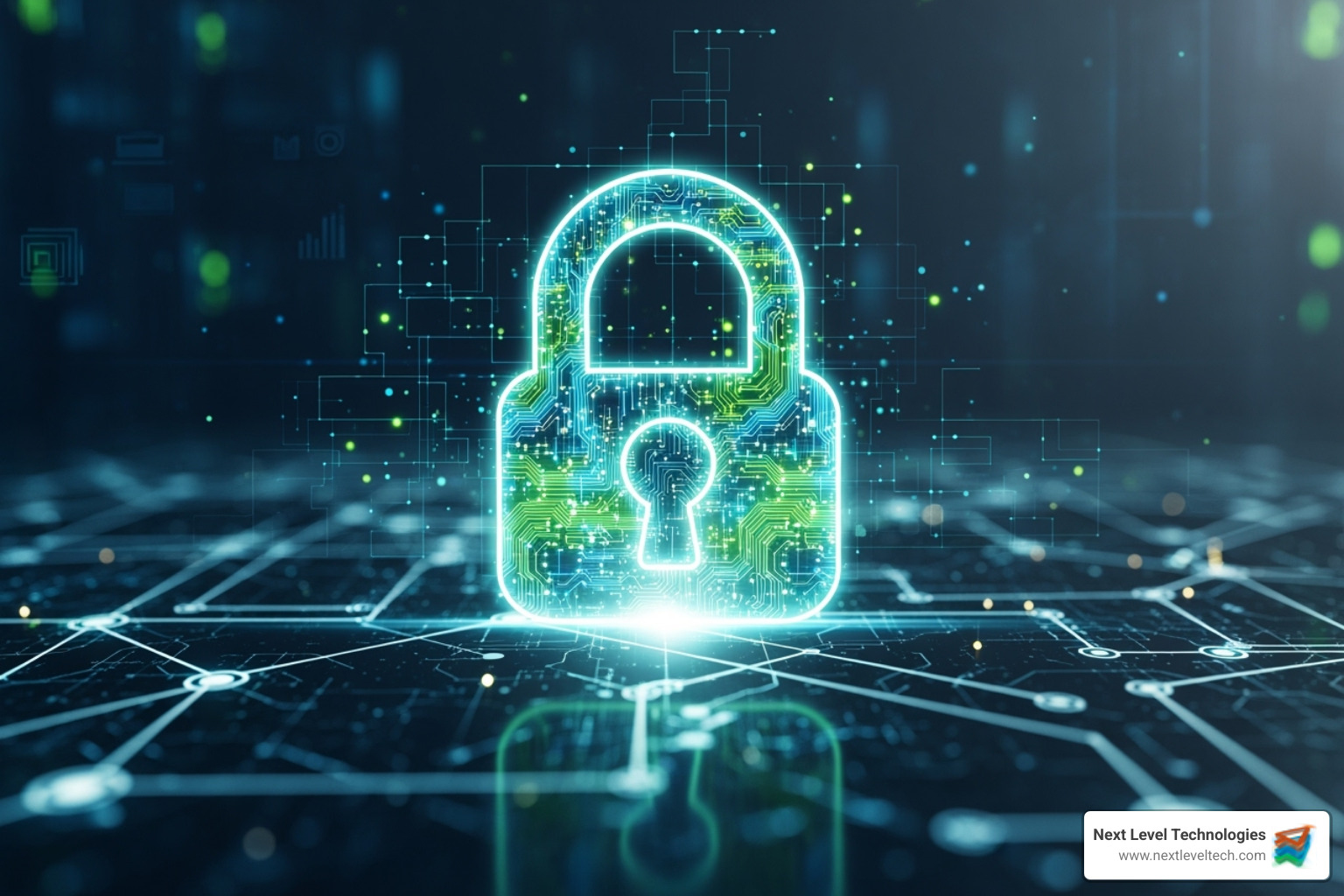A digital lock icon overlaid on a network diagram, symbolizing robust cybersecurity measures - IT Services Charleston WV A digital lock icon overlaid on a network diagram, symbolizing robust cybersecurity measures - IT Services Charleston WV