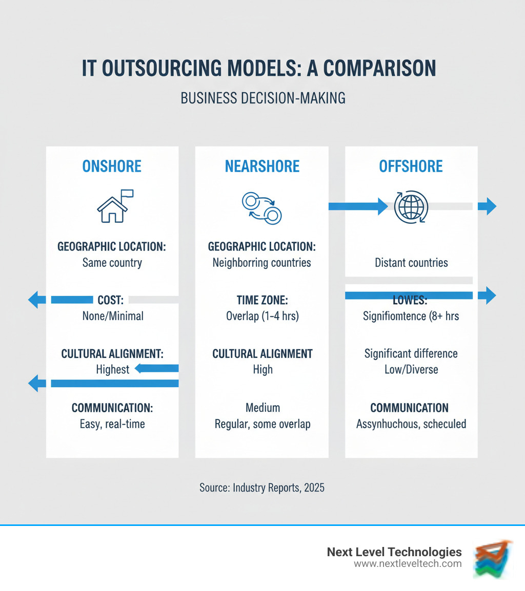 Comprehensive comparison of onshore nearshore and offshore IT outsourcing models showing geographic locations cost differences time zone variations cultural alignment factors and communication considerations for business decision making - offshore it outsourcing infographic  Comprehensive comparison of onshore nearshore and offshore IT outsourcing models showing geographic locations cost differences time zone variations cultural alignment factors and communication considerations for business decision making - offshore it outsourcing infographic