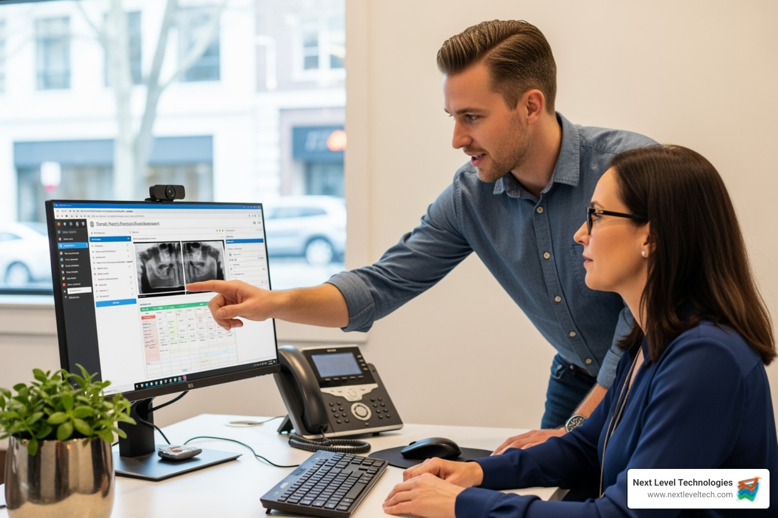 friendly IT support professional assisting a dental office manager - eaglesoft dental friendly IT support professional assisting a dental office manager - eaglesoft dental