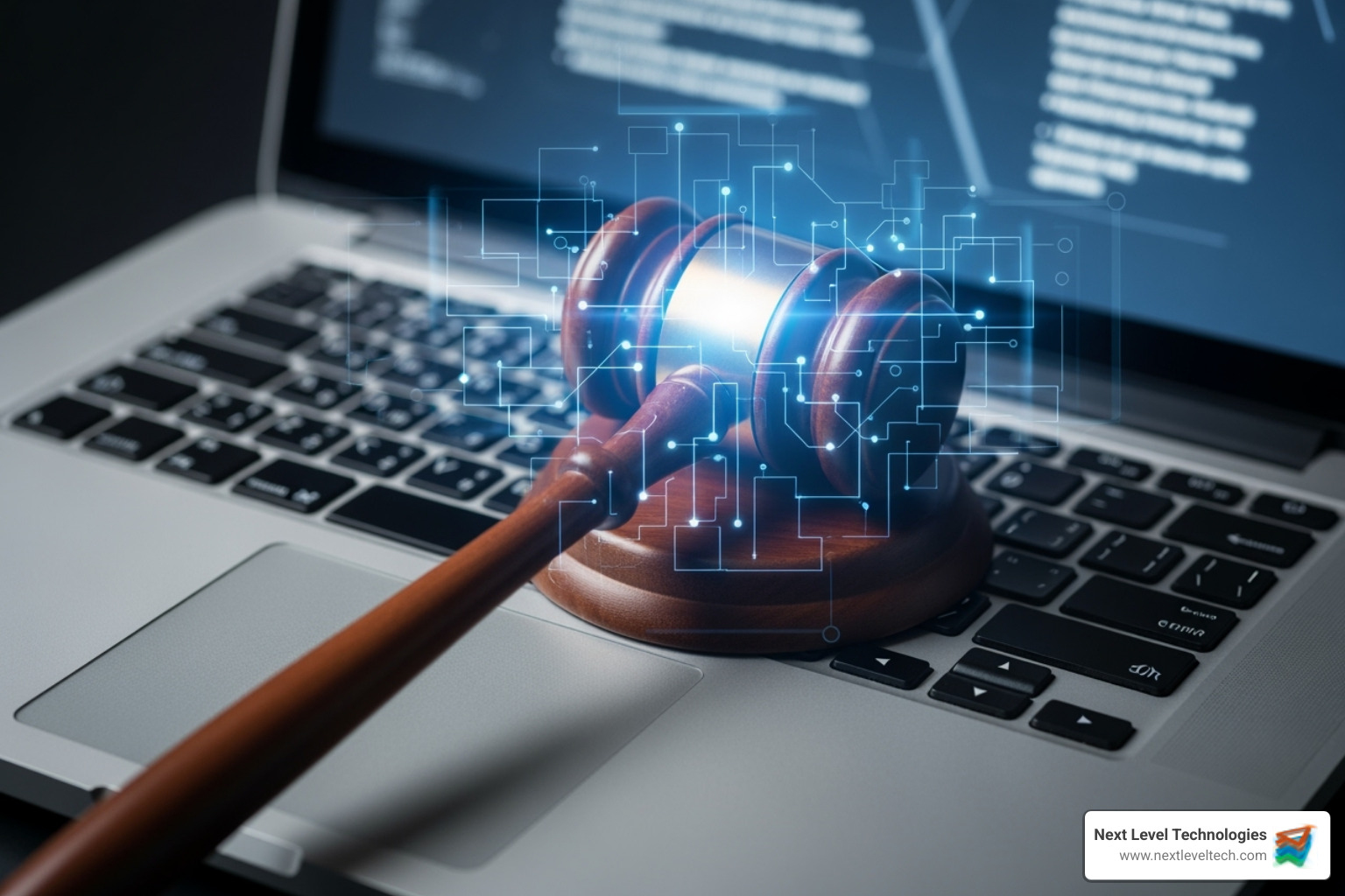 A stylized image of a wooden gavel resting on an open laptop keyboard, symbolizing legal compliance and regulations in the digital age. - data protection and security