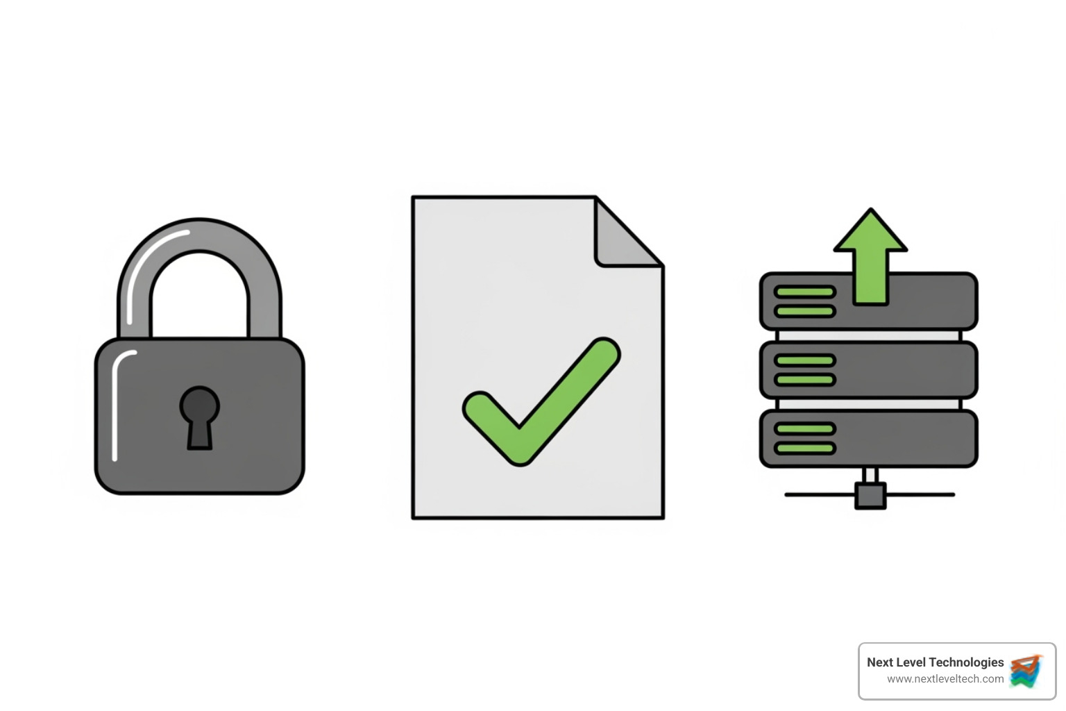A stylized diagram illustrating the CIA Triad: Confidentiality, Integrity, and Availability. Confidentiality is represented by a locked padlock, Integrity by a document with a checkmark, and Availability by a server or network symbol with an uptime arrow. - data protection and security