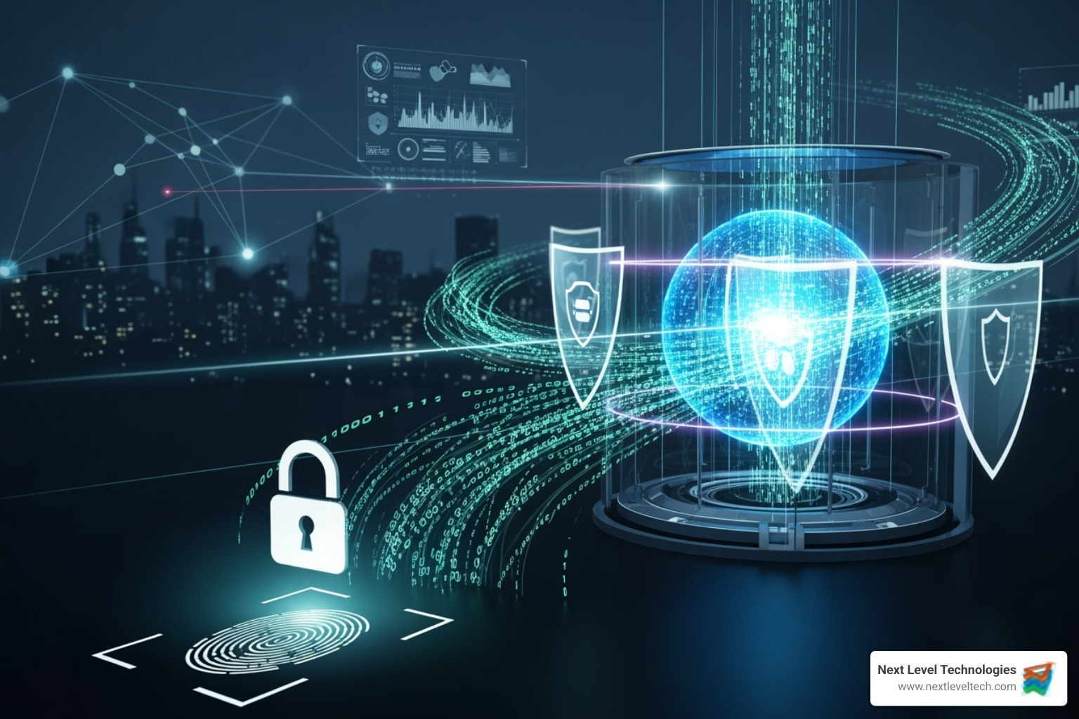 A futuristic security operations center (SOC) dashboard displaying various graphs, alerts, and network activity, indicative of real-time cybersecurity monitoring and threat intelligence. - data protection and security