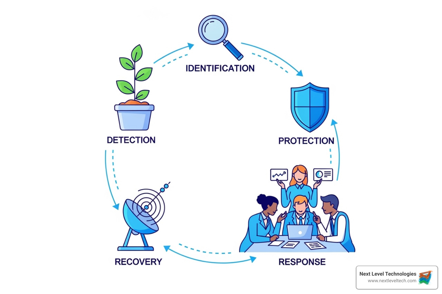 Image illustrating the five core functions of the NIST Cybersecurity Framework: Identify, Protect, Detect, Respond, Recover. - Cybersecurity for business Image illustrating the five core functions of the NIST Cybersecurity Framework: Identify, Protect, Detect, Respond, Recover. - Cybersecurity for business