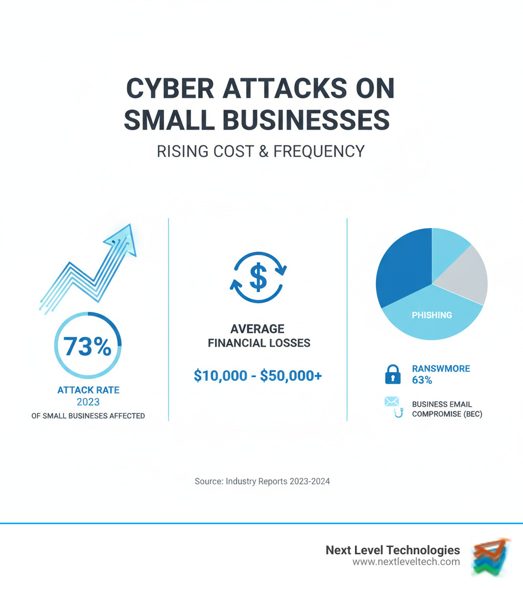 Infographic showing the rising cost and frequency of cyberattacks on small businesses, including the 73% attack rate in 2023, average financial losses per incident, and the breakdown of attack types (ransomware 63%, phishing, business email compromise) - Cybersecurity for business infographic Infographic showing the rising cost and frequency of cyberattacks on small businesses, including the 73% attack rate in 2023, average financial losses per incident, and the breakdown of attack types (ransomware 63%, phishing, business email compromise) - Cybersecurity for business infographic