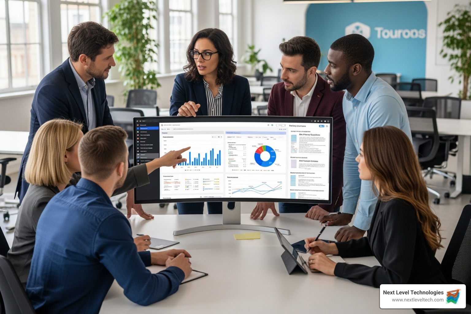 team collaborating around a computer screen showing compliance software - Compliance IT solutions team collaborating around a computer screen showing compliance software - Compliance IT solutions