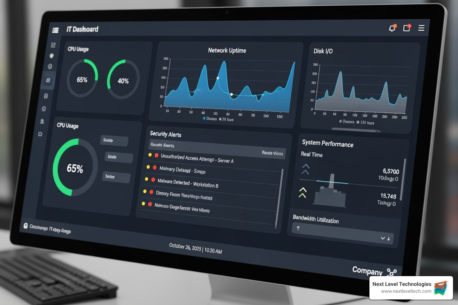 a dashboard showing various IT metrics like network uptime and security alerts - IT Service Providers in Columbus Ohio