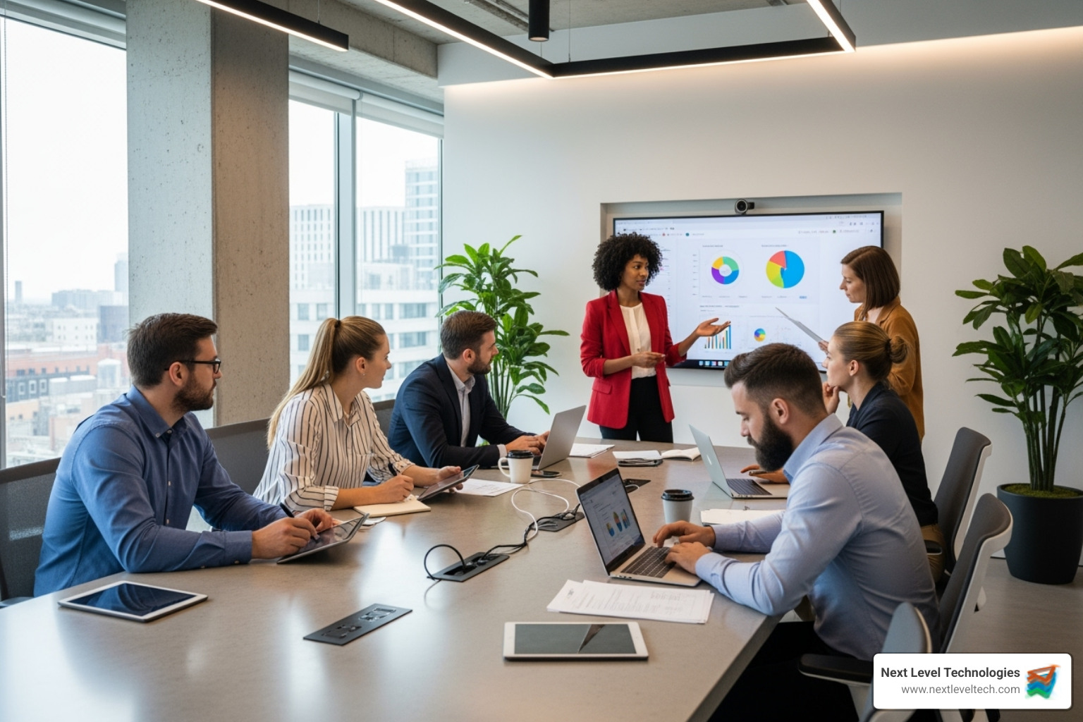 Image of a collaborative meeting in a modern Microsoft office space - microsoft work from home