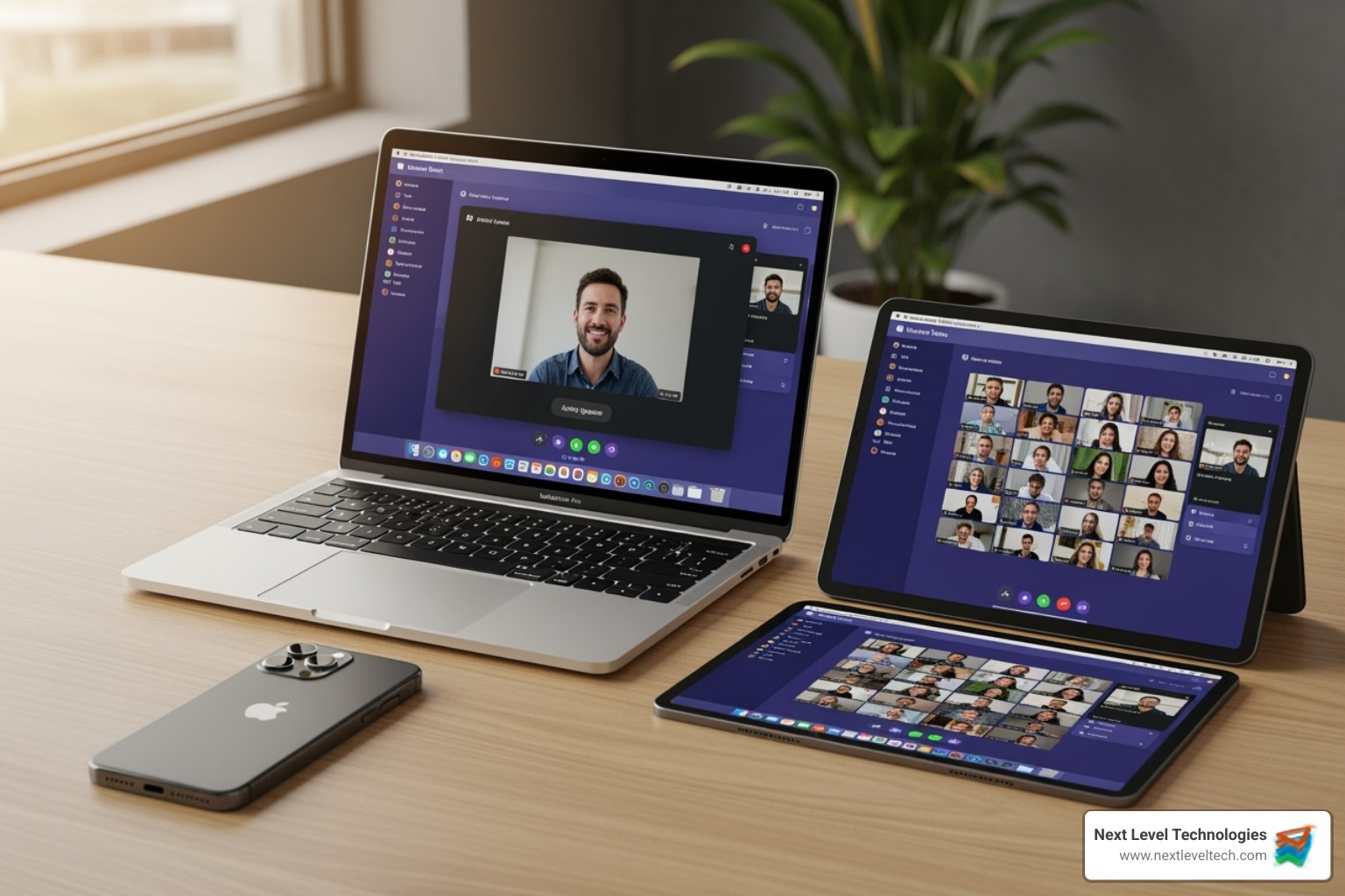 Image of the Microsoft Teams interface shown on a laptop, tablet, and phone - microsoft work from home