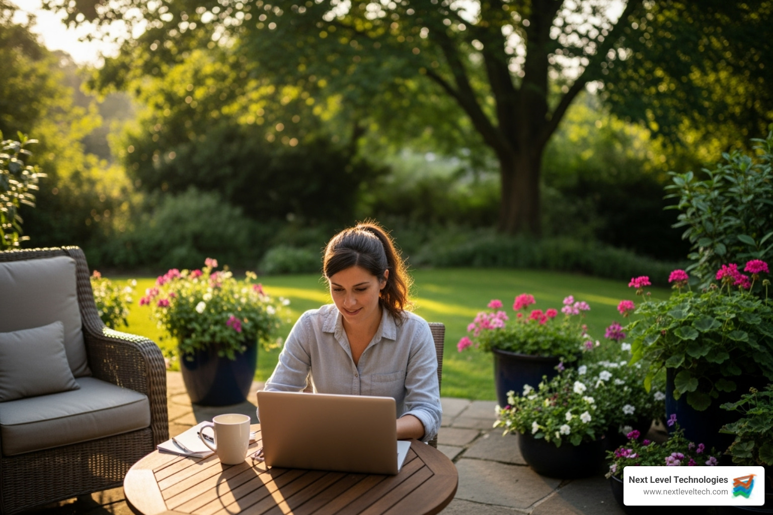 Image of an employee working on a laptop in a comfortable, non-traditional workspace like a patio - microsoft work from home