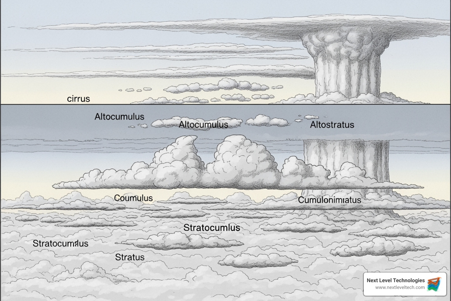 Cloud types at various altitudes diagram - cloud cover Cloud types at various altitudes diagram - cloud cover
