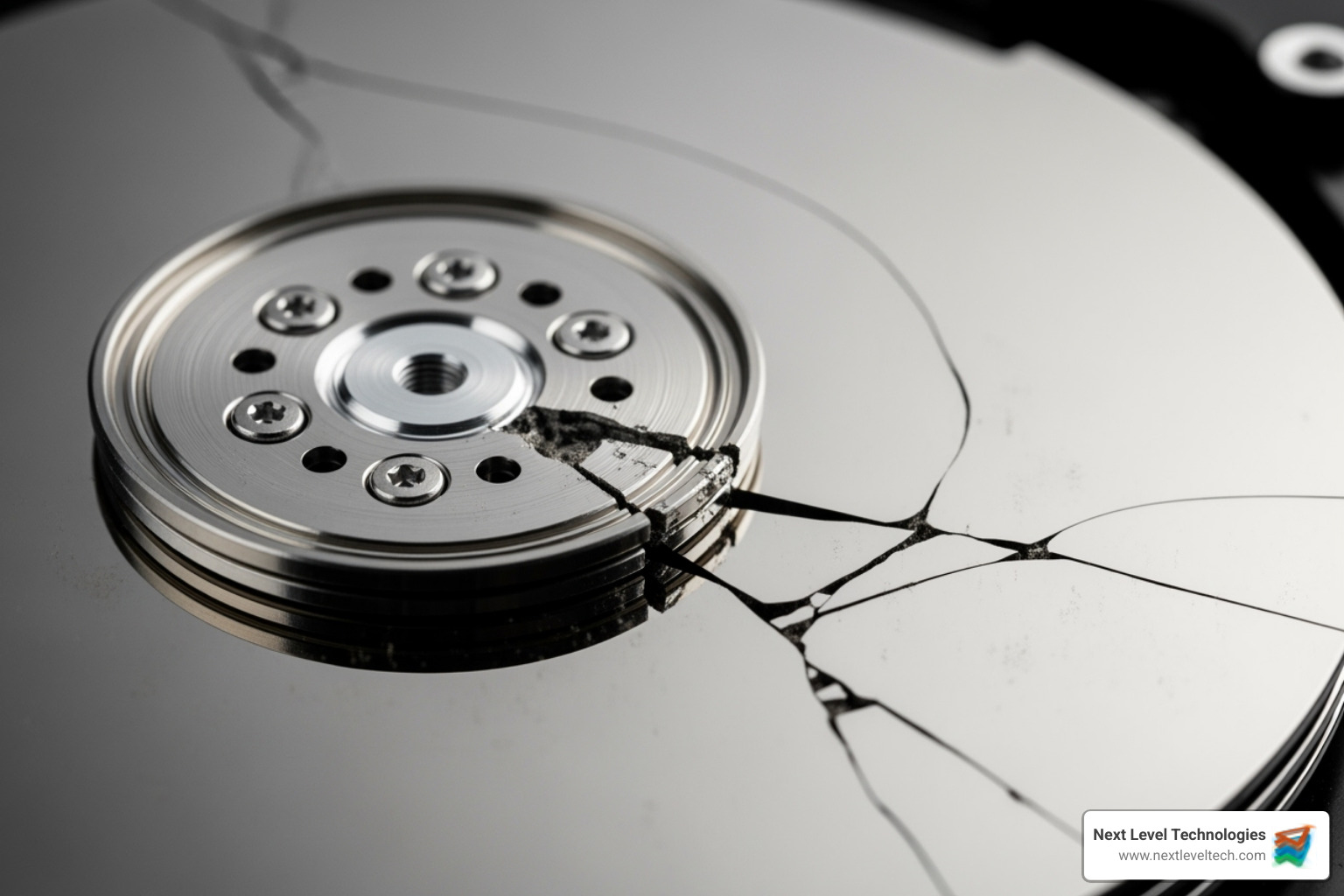 Cracked hard drive platter, symbolizing physical damage - Data recovery Charleston WV