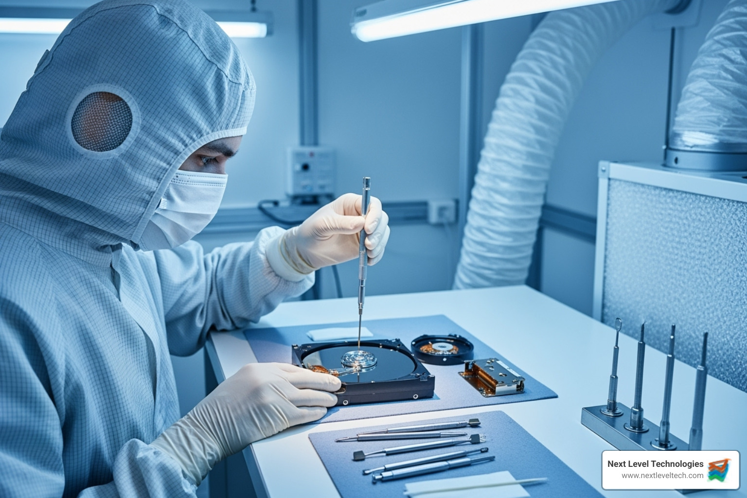 Technician in a cleanroom environment working on a hard drive - Data recovery Charleston WV