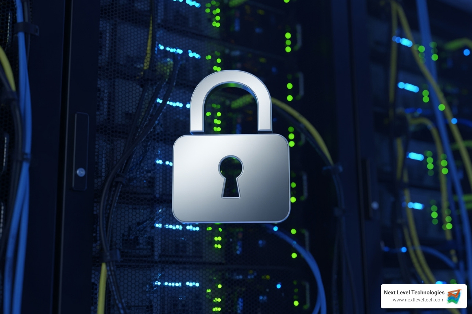 lock icon superimposed on a server rack - softdent