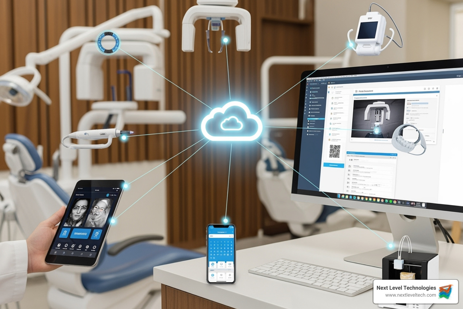 cloud icon connected to various dental office devices - softdent