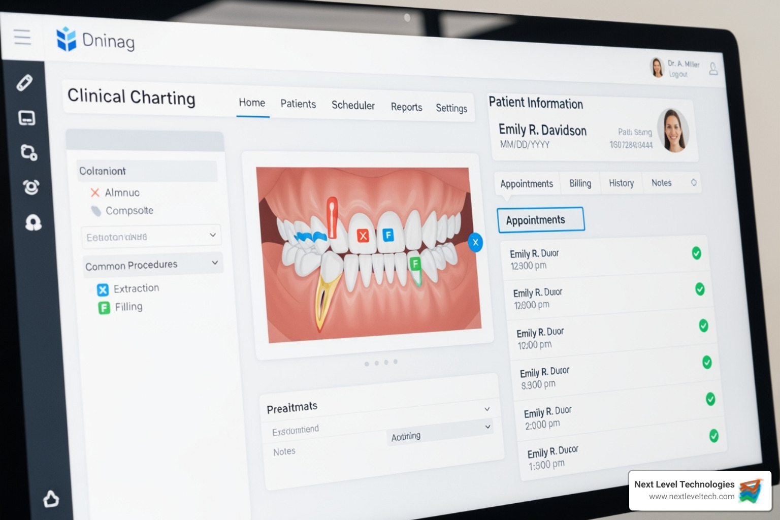 SoftDent user interface dashboard showing clinical charting - softdent