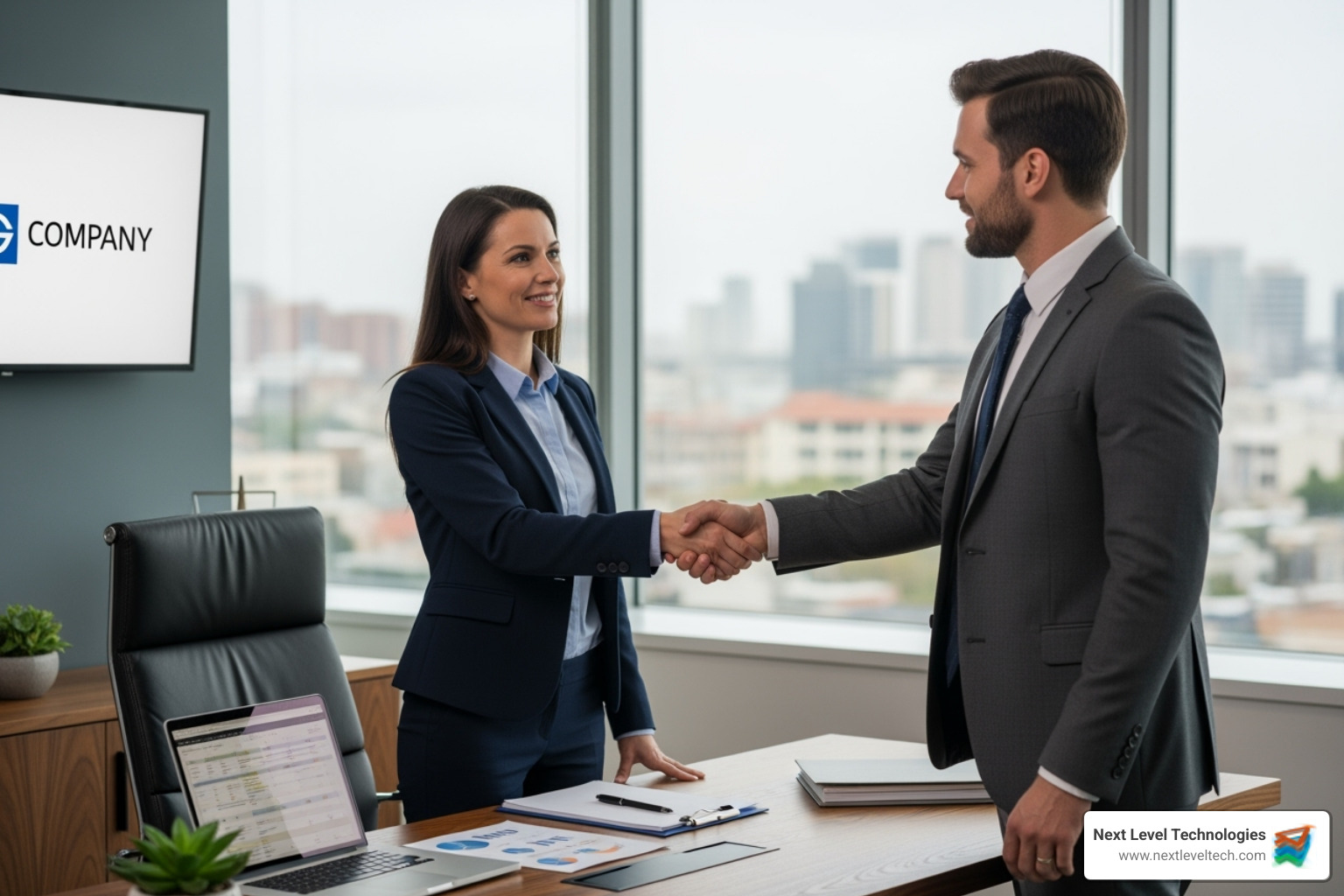 business owner shaking hands with IT professional - business IT support