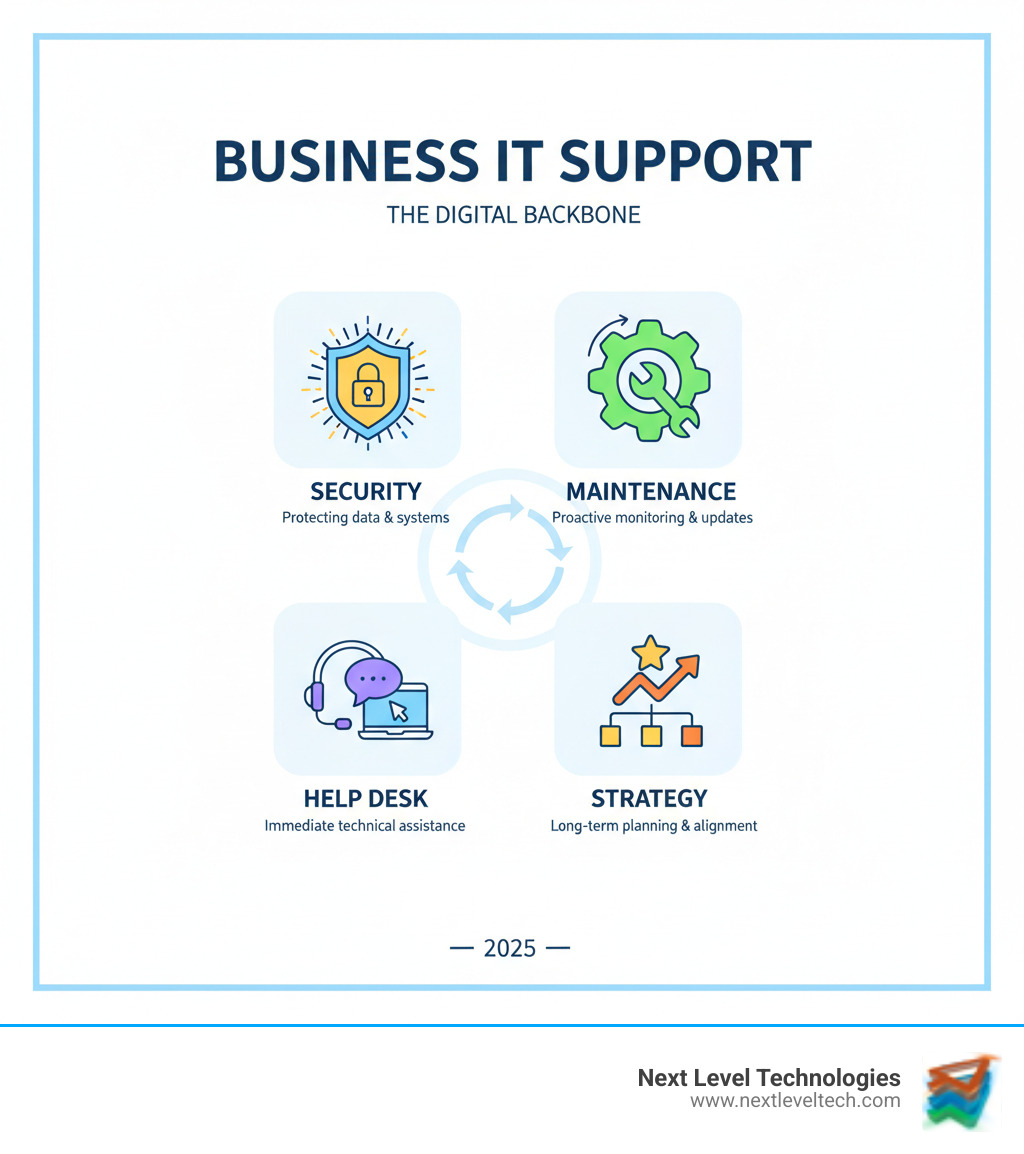 Infographic showing the four core functions of business IT support: Security (protecting data and systems from cyber threats), Maintenance (proactive monitoring and updates to prevent downtime), Help Desk (immediate technical assistance for employees), and Strategy (long-term technology planning aligned with business goals) - business IT support infographic 