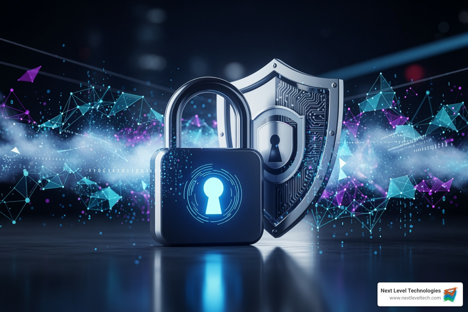 A digital lock and shield icon protecting abstract data clouds. - Managed data services A digital lock and shield icon protecting abstract data clouds. - Managed data services
