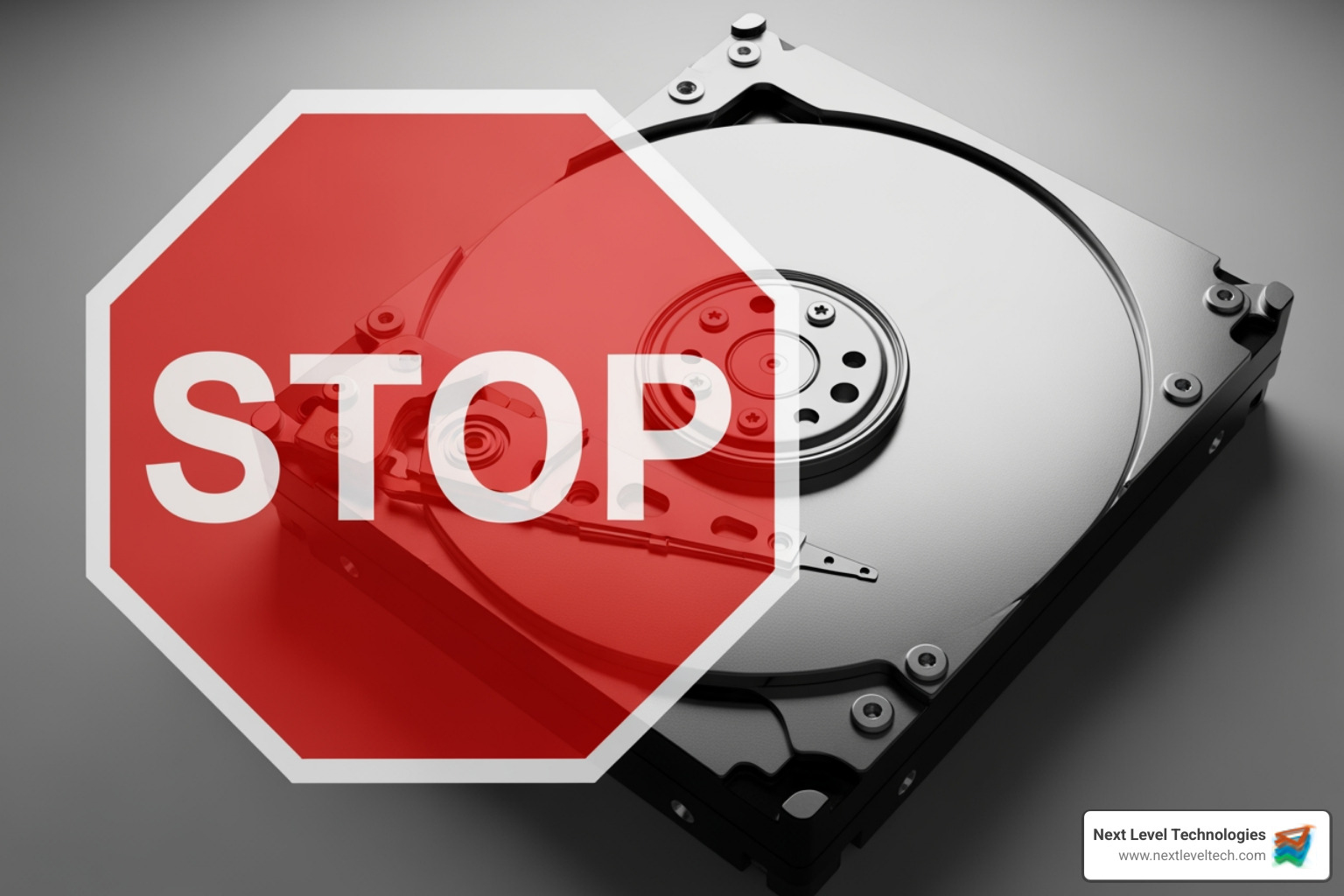 large red stop sign icon over a computer hard drive - Data recovery Columbus OH
