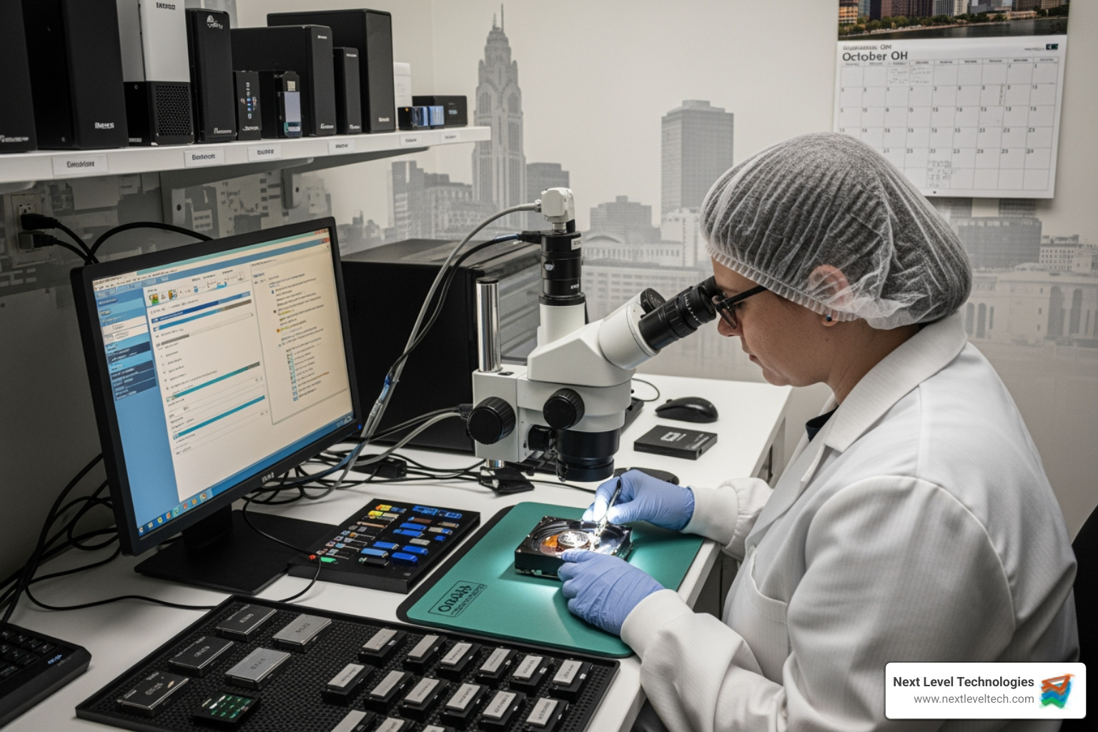 flowchart showing the data recovery steps: 1. Free Consultation & Evaluation, 2. Diagnosis & Quote Approval, 3. Secure Lab Recovery, 4. Data Verification, 5. Secure Return of Data - Data recovery Columbus OH