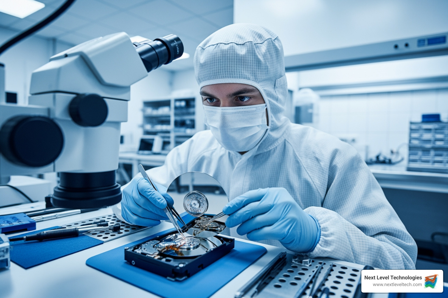 technician examining a hard drive platter in a certified cleanroom environment - Data recovery Columbus OH