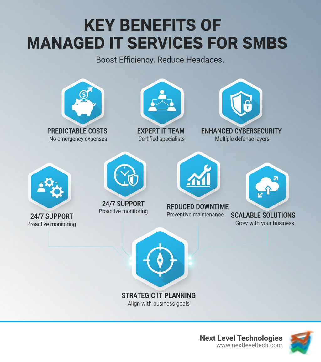 Infographic showing the key benefits of managed IT services for SMBs: predictable monthly costs instead of emergency expenses, access to a full team of certified IT specialists, 24/7 proactive monitoring and support, enhanced cybersecurity with multiple layers of protection, reduced downtime through preventive maintenance, scalable solutions that grow with your business, and strategic IT planning aligned with business goals - IT services for SMBs infographic Infographic showing the key benefits of managed IT services for SMBs: predictable monthly costs instead of emergency expenses, access to a full team of certified IT specialists, 24/7 proactive monitoring and support, enhanced cybersecurity with multiple layers of protection, reduced downtime through preventive maintenance, scalable solutions that grow with your business, and strategic IT planning aligned with business goals - IT services for SMBs infographic