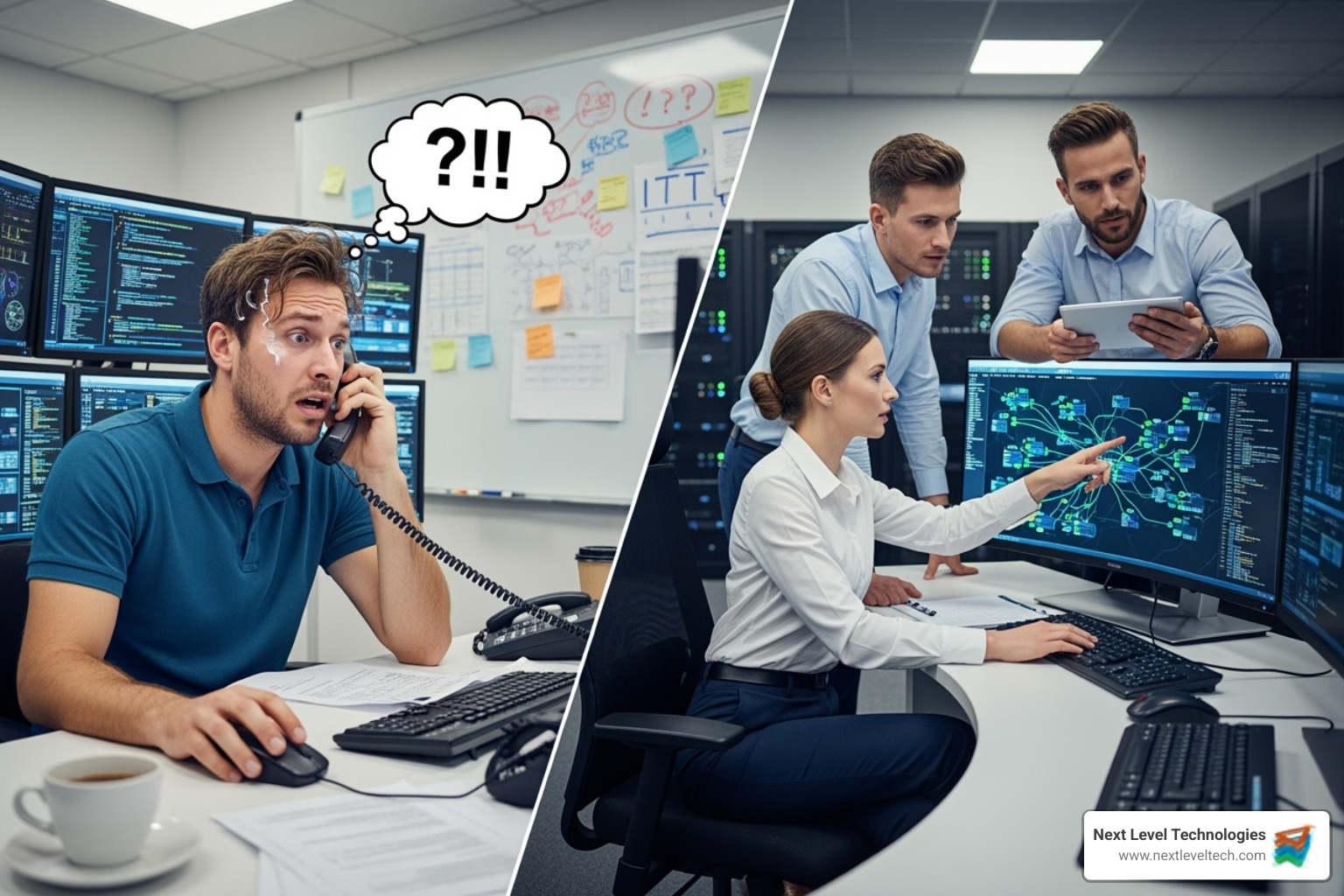 Split screen showing a single, overwhelmed in-house IT person juggling multiple tasks on one side, and a calm, competent team of Next Level Technologies experts collaboratively managing a complex IT system on the other side - IT services for SMBs Split screen showing a single, overwhelmed in-house IT person juggling multiple tasks on one side, and a calm, competent team of Next Level Technologies experts collaboratively managing a complex IT system on the other side - IT services for SMBs