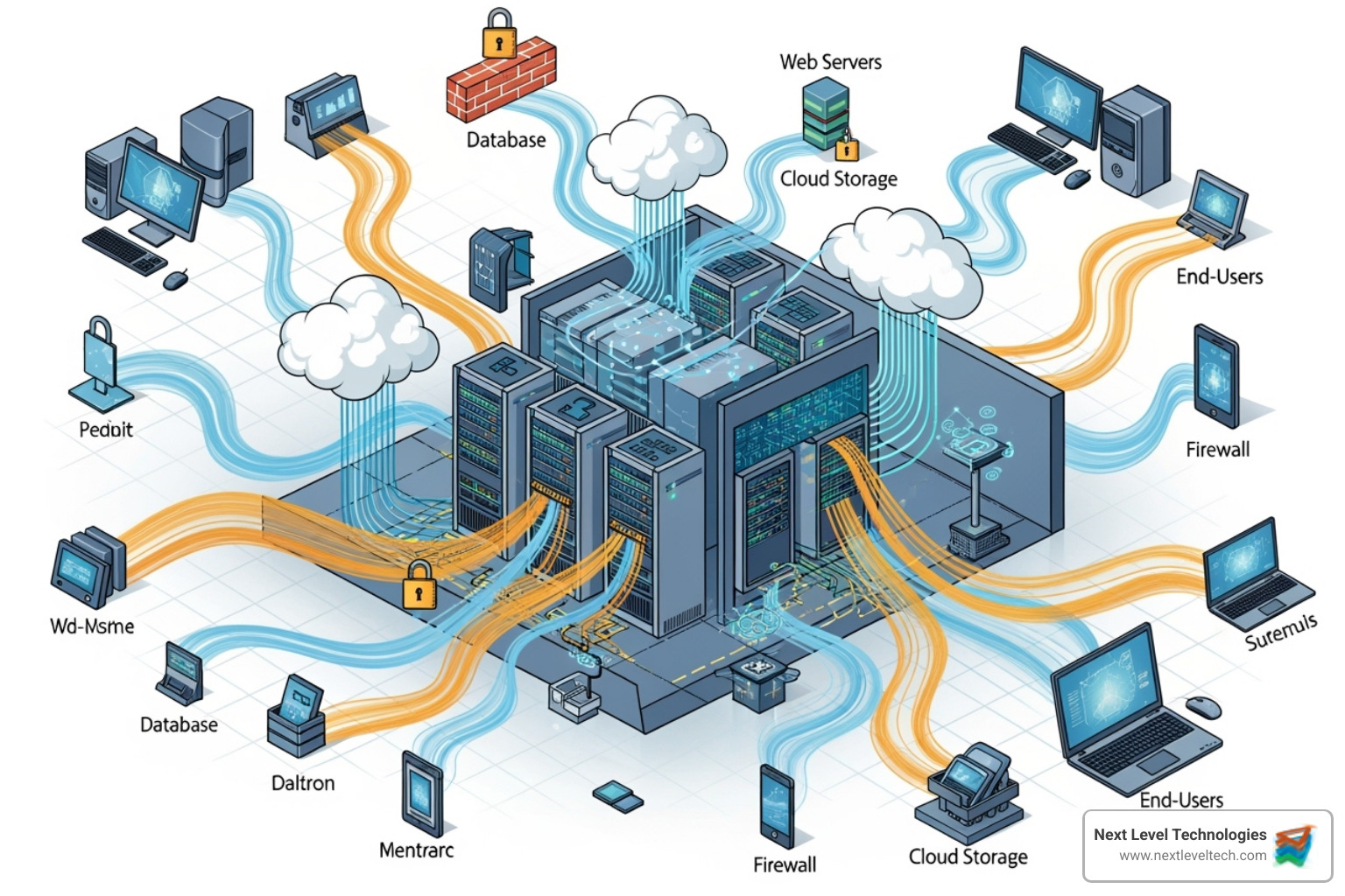 Network diagram showing interconnected devices, servers, and cloud resources, illustrating a comprehensive IT infrastructure - IT services for SMBs Network diagram showing interconnected devices, servers, and cloud resources, illustrating a comprehensive IT infrastructure - IT services for SMBs