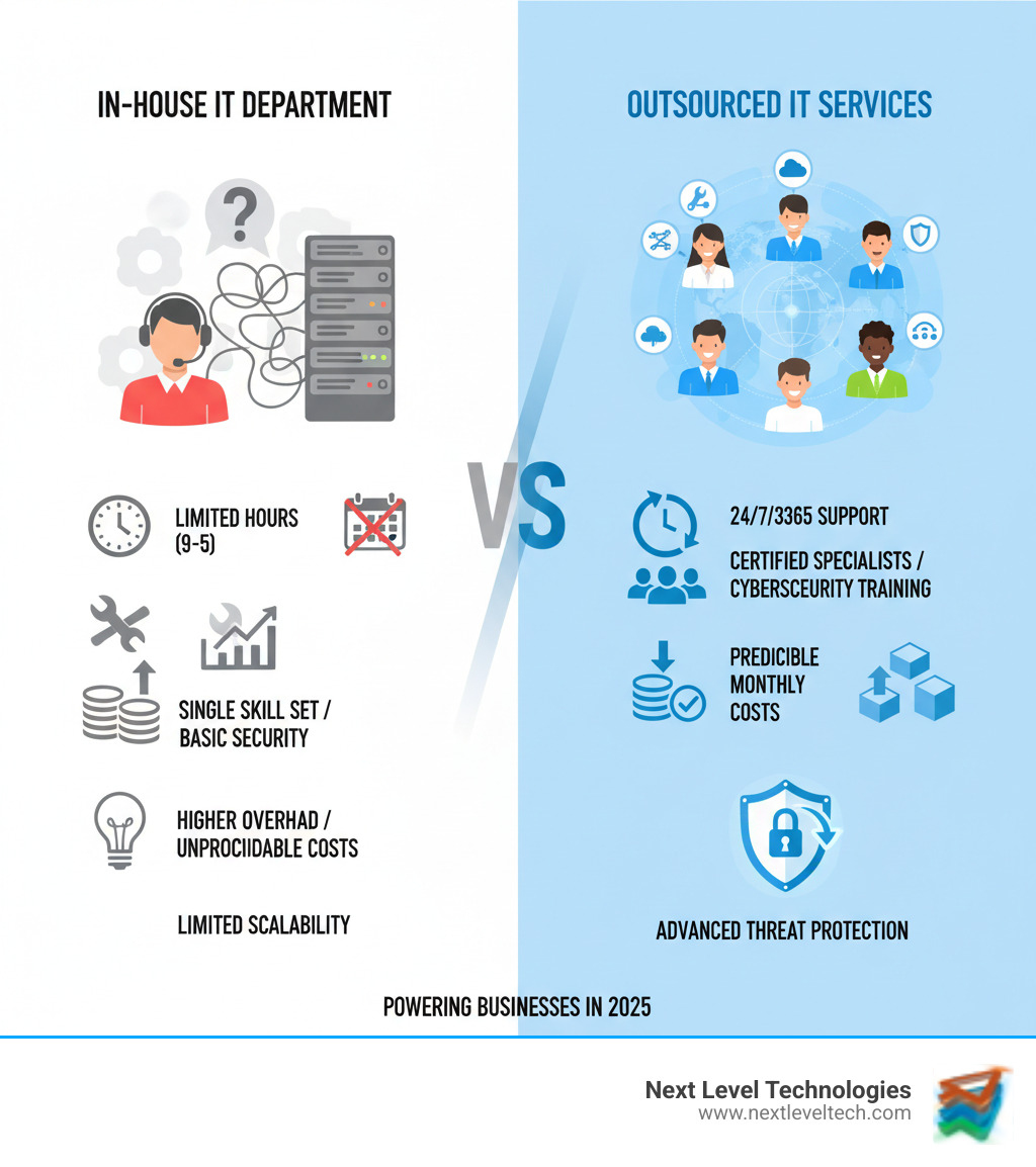 Infographic comparing in-house IT departments versus outsourced IT services, showing cost differences, access to expertise levels, availability of support hours, scalability options, and cybersecurity capabilities. The infographic highlights that outsourced IT provides 24/7/365 support, access to a team of certified specialists with extensive cybersecurity training, predictable monthly costs, and advanced threat protection compared to the limited hours, single skill set, higher overhead costs, and basic security of typical in-house IT staff. - Outsourced IT Services infographic Infographic comparing in-house IT departments versus outsourced IT services, showing cost differences, access to expertise levels, availability of support hours, scalability options, and cybersecurity capabilities. The infographic highlights that outsourced IT provides 24/7/365 support, access to a team of certified specialists with extensive cybersecurity training, predictable monthly costs, and advanced threat protection compared to the limited hours, single skill set, higher overhead costs, and basic security of typical in-house IT staff. - Outsourced IT Services infographic