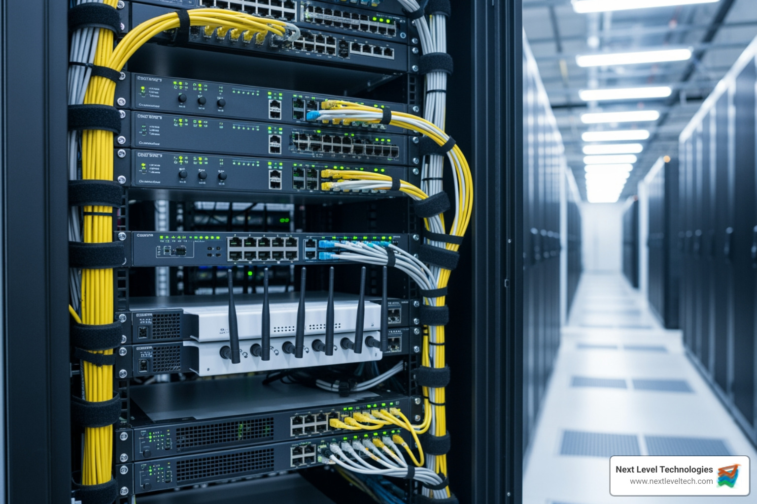 server rack with switches, routers, and patch panels - basic hardware and networking