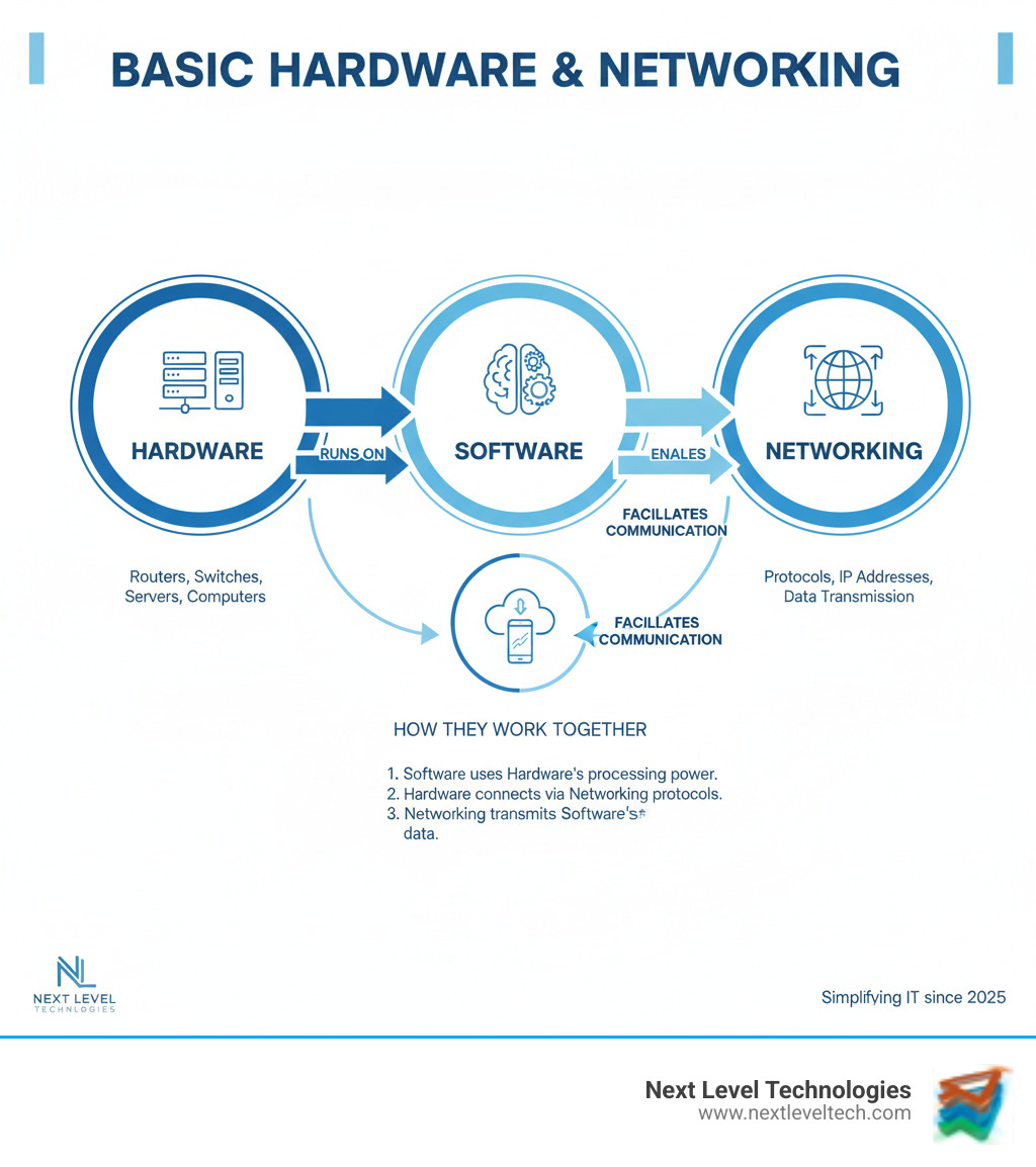 Infographic showing the relationship between hardware (physical components like routers, switches, servers, and computers), software (programs and operating systems), and networking (protocols, IP addresses, and data transmission methods) with clear visual distinctions and examples of how they work together - basic hardware and networking infographic 