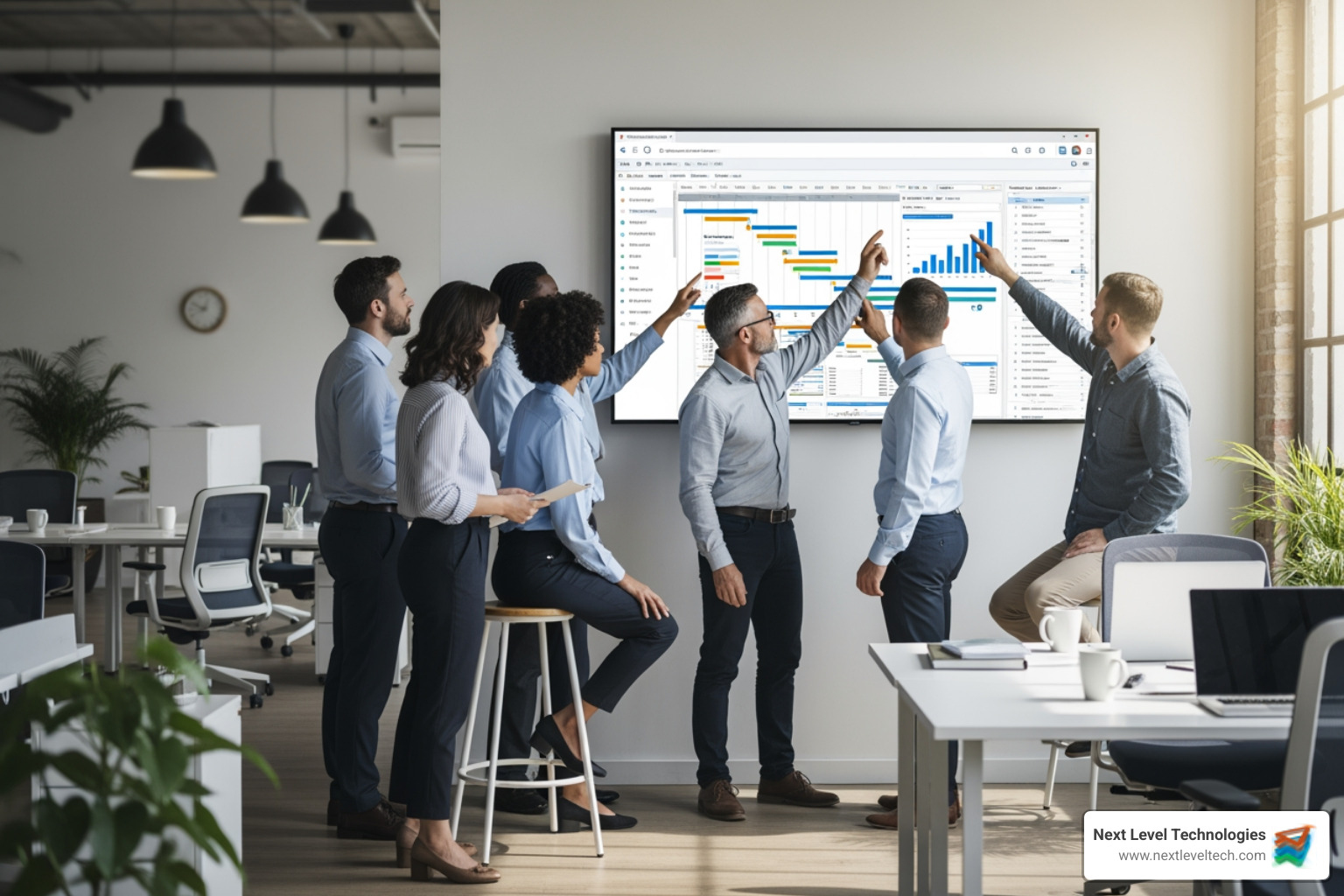 Image of an IT team collaborating around a screen showing an ITAM implementation plan - it asset management application