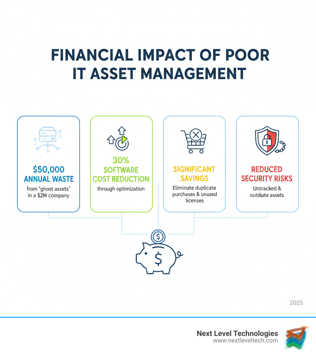 Infographic showing the financial impact of poor IT asset management: $50,000 annual waste from ghost assets in a $2M company, 30% potential software cost reduction through optimization, significant savings from eliminating duplicate purchases and unused licenses, plus reduced security breach risks from untracked and outdated assets - it asset management application infographic 