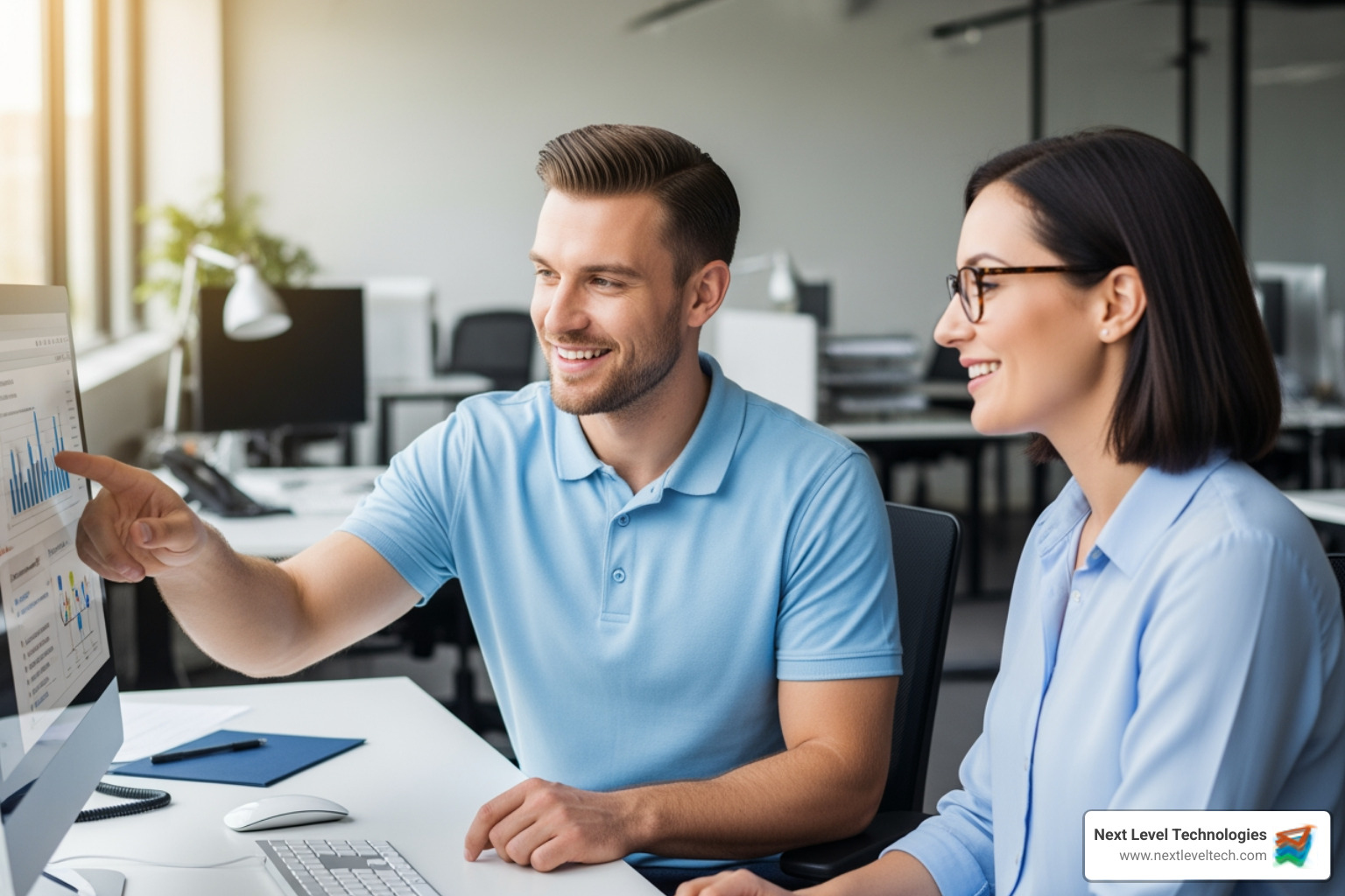 An IT technician assisting an employee, showcasing a supportive partnership. - comprehensive IT support