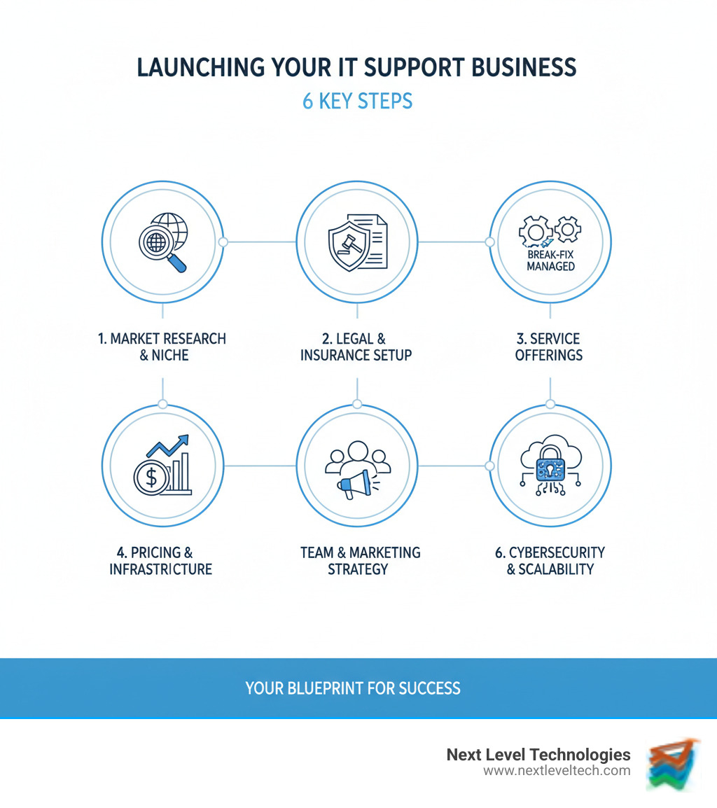 Infographic showing the 6 key steps to launching an IT support business: 1) Conduct market research and define your niche, 2) Complete legal setup and obtain necessary insurance, 3) Structure your service offerings (break-fix vs managed services), 4) Establish pricing models and business infrastructure, 5) Build your team and create a marketing strategy, 6) Focus on cybersecurity expertise and scalable client solutions - IT support for business infographic 