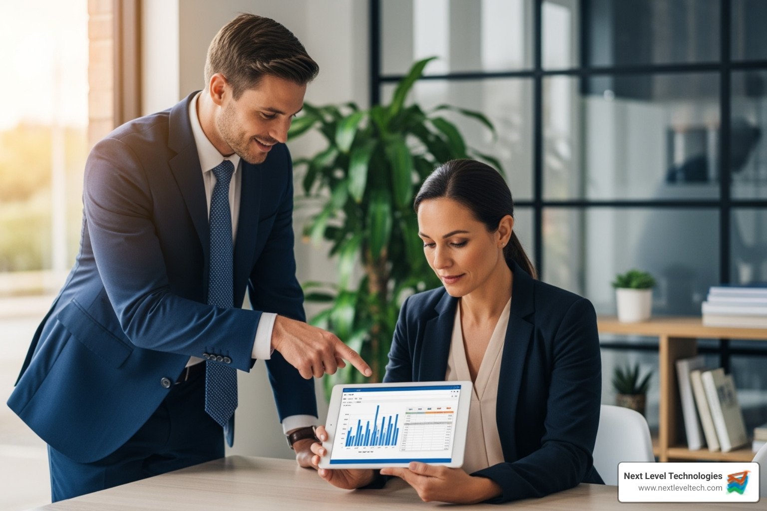 consultant helping a small business owner with a tablet - IT solutions for small business