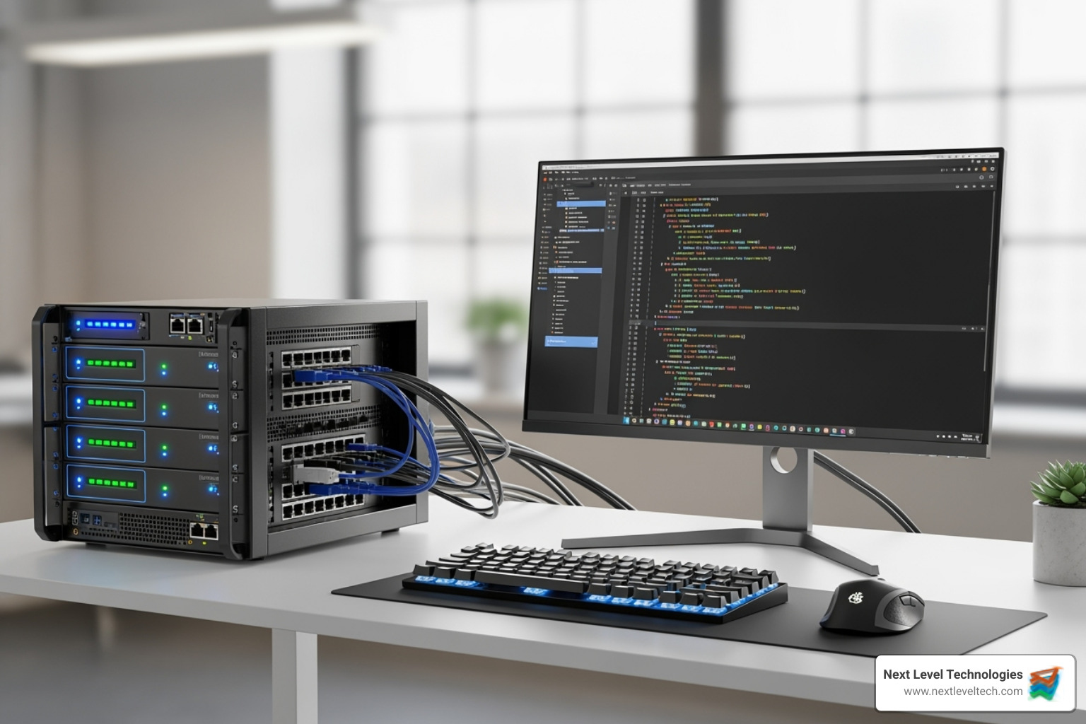 small server rack next to a clean workstation setup - IT solutions for small business