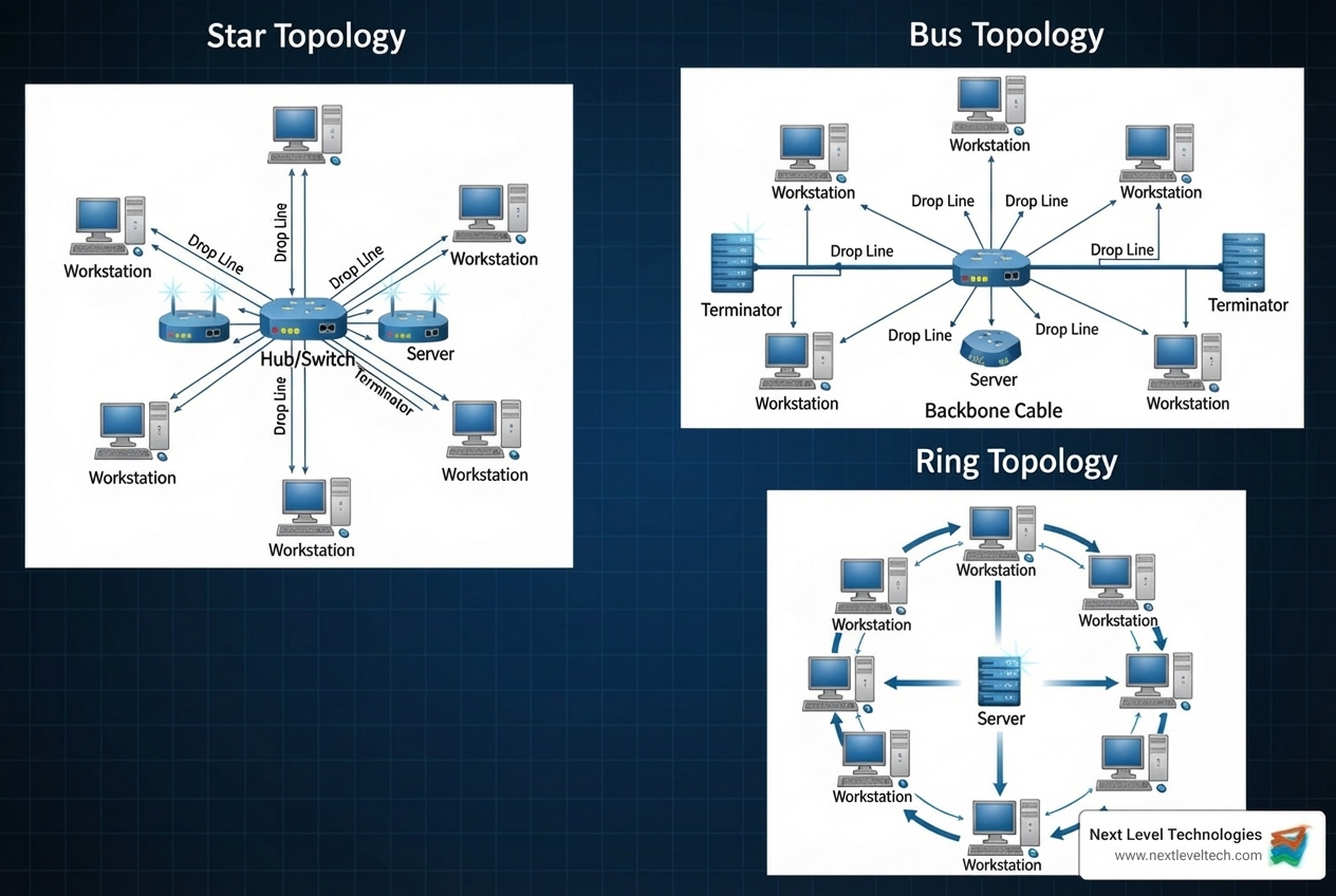 different network topologies like Star, Bus, and Ring - Computer Hardware Networking