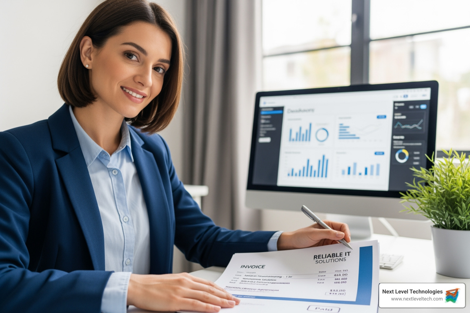 person reviewing an IT support invoice with a smile, indicating a predictable budget - Small business tech support