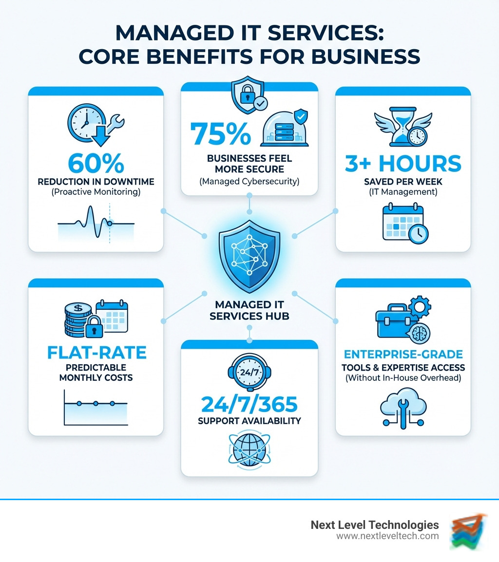 Infographic showing the core benefits of managed IT services: 60% reduction in downtime through proactive monitoring, 75% of businesses feel more secure with managed cybersecurity, 3+ hours saved per week on IT management, flat-rate predictable monthly costs, 24/7/365 support availability, and access to enterprise-grade tools and expertise without in-house overhead - Business IT support Charleston infographic 