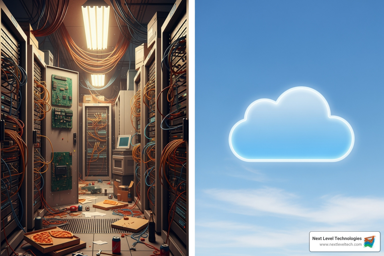 cluttered server room vs clean cloud icon - it as a service