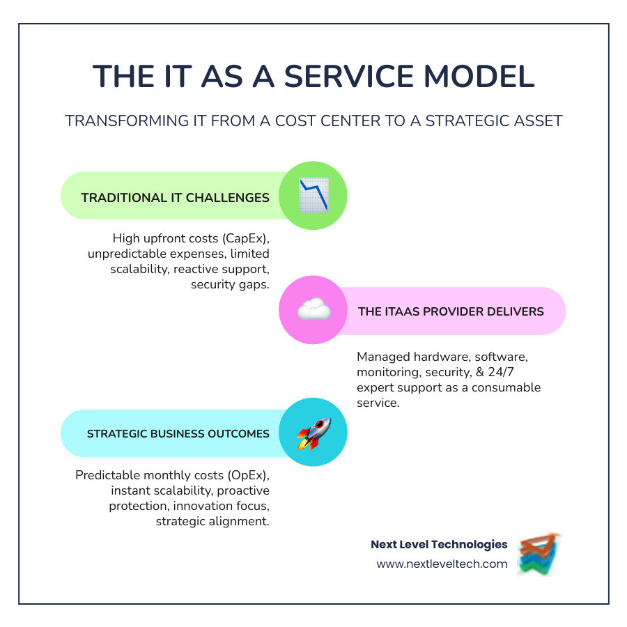 Infographic showing the IT as a Service model: Left side shows traditional IT challenges (high upfront costs, unpredictable expenses, limited scalability, reactive support, security gaps). Center shows the ITaaS provider delivering hardware, software, monitoring, security, and support. Right side shows business outcomes (predictable monthly costs, instant scalability, proactive protection, 24/7 expert support, strategic alignment). Arrows flow from challenges through provider to positive outcomes. - it as a service infographic infographic-line-3-steps-colors